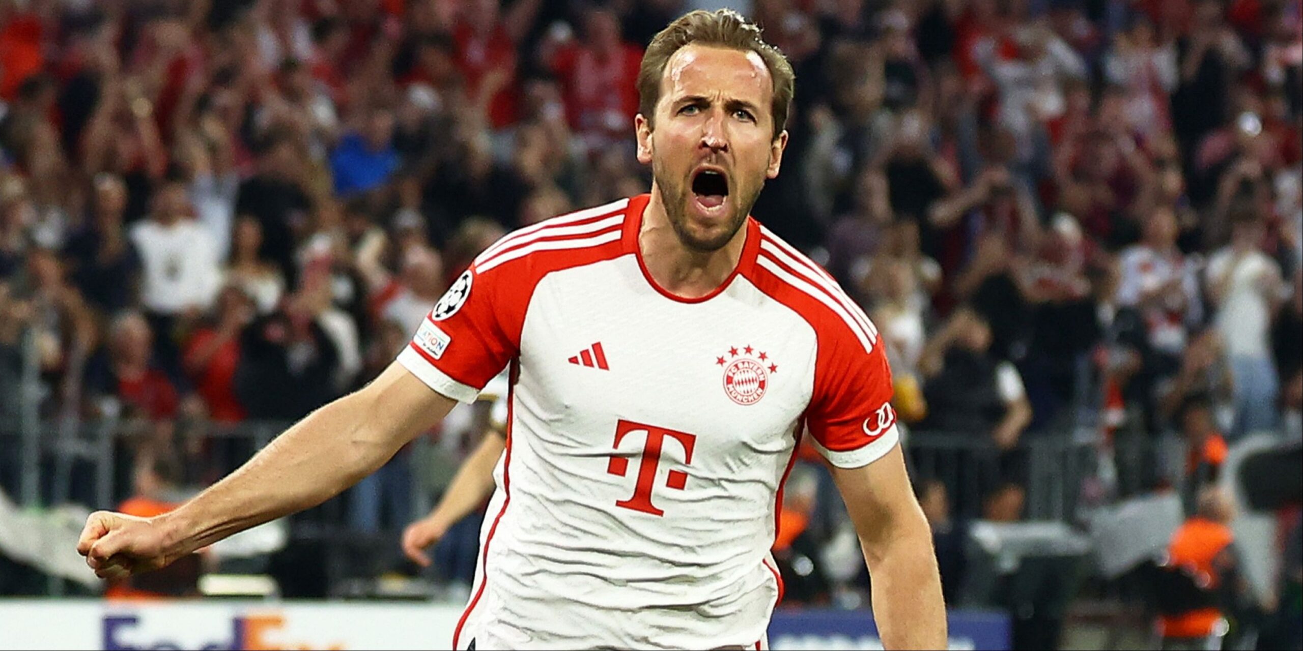 Penyerang Bayern Muenchen Hary Kane Merayakan Gol ke Gawang Madrid.Foto Ust.